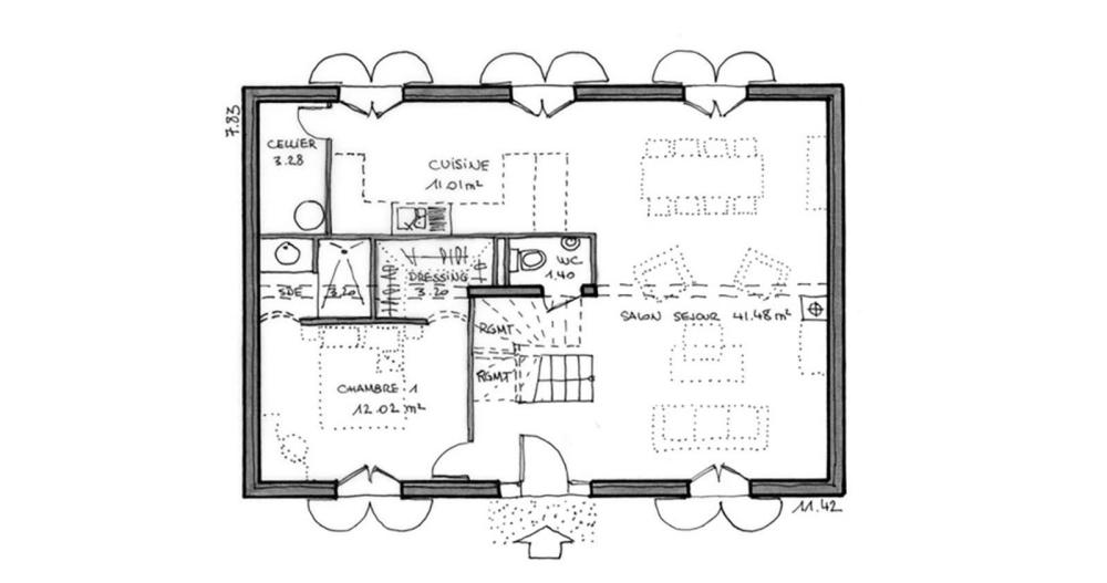 Plan-Maison-classique-Bastide-Arcachonnaise-rdc-cuisine-ouverte-146m2