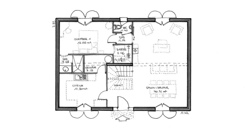 Plan-Maison-classique-Bastide-Meridionale-rdc-cuisine-fermee-146m2