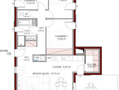 plan maison regionale avec 3 chambres