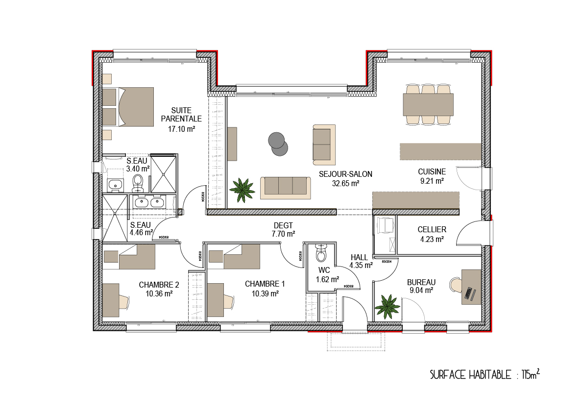 plan maison toit terrasse de 115m